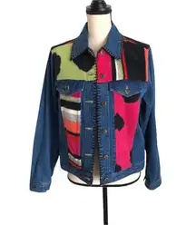 Vintage 80s SUSAN BRISTOL Fleece PATCHWORK Blue Denim JEAN JACKET Womens Size M