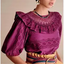 NEW Sezane Elsa Blouse ruffle crochet violet  purple eyelet XS puff sleeve