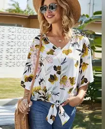 Aakaa Boutique Tie Front Floral Kimono Top Blouse