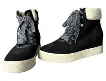 Steve Madden Women's 7 Warner Wedge Ankle Bootie Black Suede Faux‎ Fur Winter