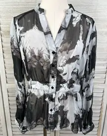 ARDEN B Black & Gray Sheer Abstract Print Y2K Blouse with Mesh Accents-Large