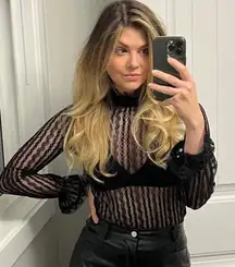 Zara black embroidered mesh tulle lace ruffle trim long sleeve semi sheer blouse