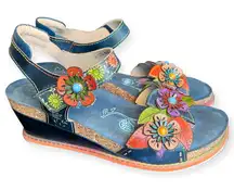 Navy L’artiste Floral Wedge Sandals | Size 10 | hand painted leather shoes
