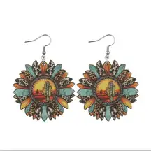 Sunflower shaped pendant drop‎ leopard pattern wooden hook earrings