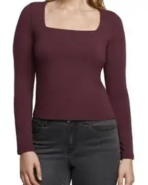 Express fitted ribbed square neck long-sleeve top in a burgundy