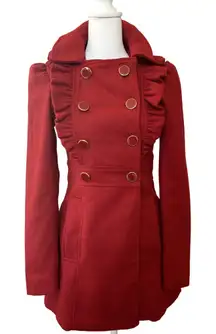 Red double-breasted ruffle coquette romantic feminine wool blend pea coat XS