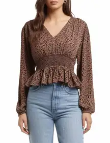 AFRM Leopard Print Peplum Blouse Vneck Smocked Long Sleeve Size 3X