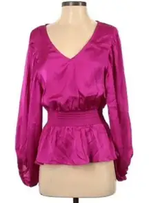 NEW 1.State Balloon‎ Sleve Hot Pink Apron Waist Blouse Size S