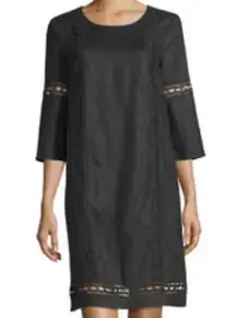 Neiman Marcus Black Linen 3/4 Sleeve Crochet Trim Shift Dress Size Medium