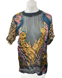 Teca 100% Silk Multicolor Mesh High Neck Short Sleeve Sheer Blouse Top Size M