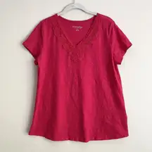 Soft Surroundings  Womens Shirt Top Hot Pink V Neck Lace Short Sleeve Size Medium