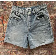 Zara High Waist Light Denim Distressed Shorts