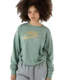 Nike  Womens Club Fleece Glitter Crewneck Sweatshirt Sweater Jade Smoke Small