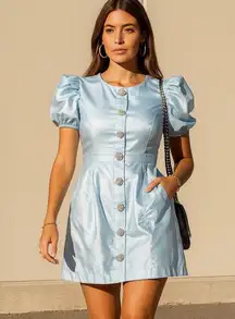 Light blue puff sleeve dress with rhinestone buttons