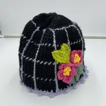 Hand Knit Adult Black Windowpane Pattern Flower Accent Bucket Hat