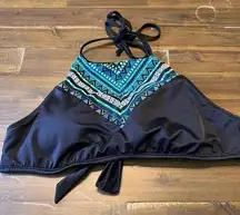 Beach Betty Tribal Halter Crop Top Bikini Top Black Open Back Large