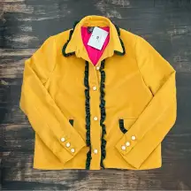 NWT The Moon Mustard Yellow Blazer w green ruffle trim pearl buttons sz Small