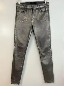 J. Brand Neiman Marcus Skinny Mid Rise Silver Chrome Crinkle Skinny Jeans 27