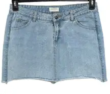 Thread&Supply Large Mini Jean Skirt Zip-Fly Pockets Light Wash Frayed Hems Blue