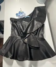 Antonio Melani Black One Shoulder Ruffle Peplum Faux Leather Top