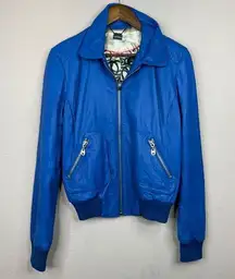 Vintage Heather Doma Blue Leather Bomber Jacket L Zipper Pockets Edgy Streetwear