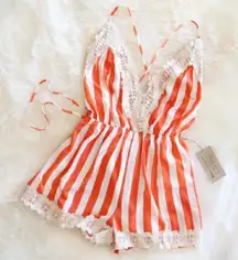ILLA ILLA med crochet romper orange striped v-neck boho shorts lace detail NWT