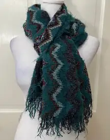 Missoni Sciarpe Teal Zigzag Pattern Long Fuzzy Scarf Textured Boho Luxury READ