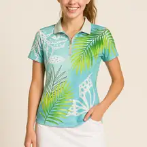 Zenergy Golf Chico's Top Size XL Blue Green Palm Leaf Butterfly Short Sleeve