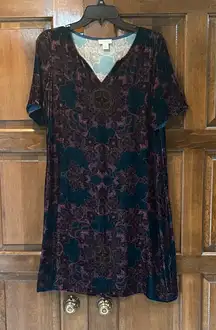 Sundance Teal Floral Print Silk Blend Nomi Velvet Shift Dress Size Small