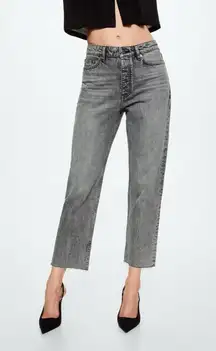 MANGO- MNG High-waist cropped straight jeans, frayed raw hem, gray color, cotton