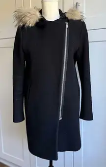 Sandro Paris Women's Black Wool Overcoat Size 40 / 8/M Fur-Trimmed Hood