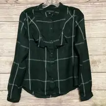 Plaid Long Sleeve Button Front Shirt Ruffle Front Green Size XS