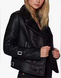 New! Avec Les Filles  Black Vegan Leather Moto Shearling Jacket Sz Small $198