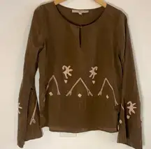 WGACA Brown Embroidered 100% Silk Crew Neck Long Sleeved Blouse - Small Women’s