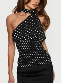 Princess Polly Jullie Scarf Detail Shirred Top Black Polka