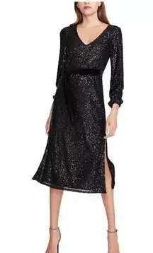 Betsey Johnson  Sequin Double Slit V-Neck Long Sleeve Midi Dress Black Size M