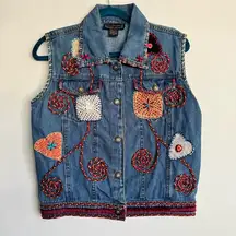 New Directions‎ Women’s Boho Indie Embroidered Embellished Denim Vest Size M