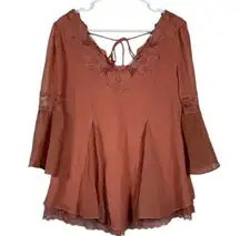 Free People Burnt Orange Flowy Sleeves Flowy Blouse Embroidered V-Neck Small EUC