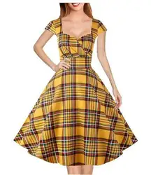 Boutique Hanpceirs Cap Sleeve 1950s Retro Vintage Style swing Gold Plaid Dress size XS