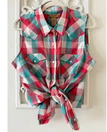Wrangler Plaid Sleeveless Western Rodeo Button Up Shirt Top Red Turquoise White