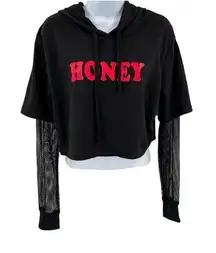 Honey Cropped Hoodie with Mesh Long Sleeves SHEIN Medium