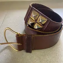 Linea Pelle Brown Leather Gold Studded Preppy Chunky Granola Coastal Wai…