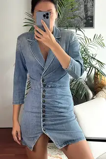 Retrofete Willa Jean Denim Mini Dress Blue XS Western Padded Shoulders