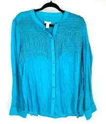 Chico’s‎ Women's Pin Tuck Silver Sequin Roll Tab Sleeves Blouse Turquoise large