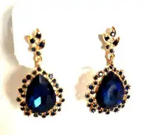 Gold Tone and Blue Faux Sapphire Tear Drop Pierced Earrings Cocktail Rhinestone