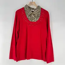 Quaker Factory Embellished Red Knit Sweater Contrasting Satin Leopard Collar XL‎