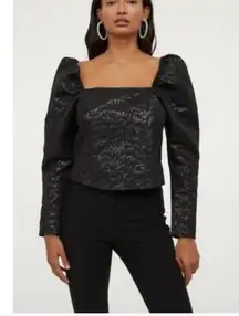 H&M Black Leopard Print Jacquard Puff Sleeve Printed Metallic Long sleeve top M