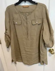 Company Ellen Tracy 3/4 Sleeve‎ Zip V-Neck 100% Linen Shirt Women's Size XL