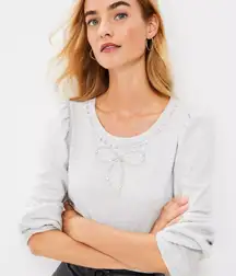 Loft Sparkle Bow Cozy Puff Sleeve Sweatshirt Size M Gray Blouson Puff Sleeve