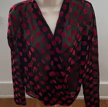 Zara Trafaluc red dots black sheer open front boho long sleeve blouse, size S